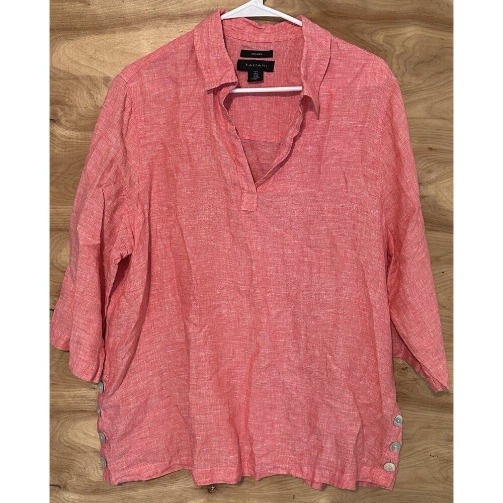 Tahari 100% Linen Popover Top Womens 1x Red  Split Neck Side Buttons 3/4 Sleeve